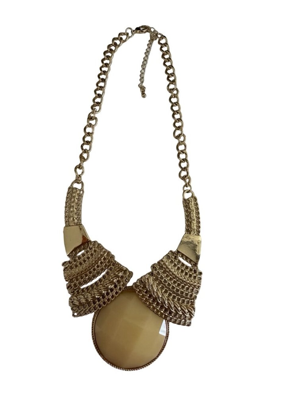 Vintage Statement Gold Tone Chain Necklace Cream Lucite Cabochon Pendant 16"